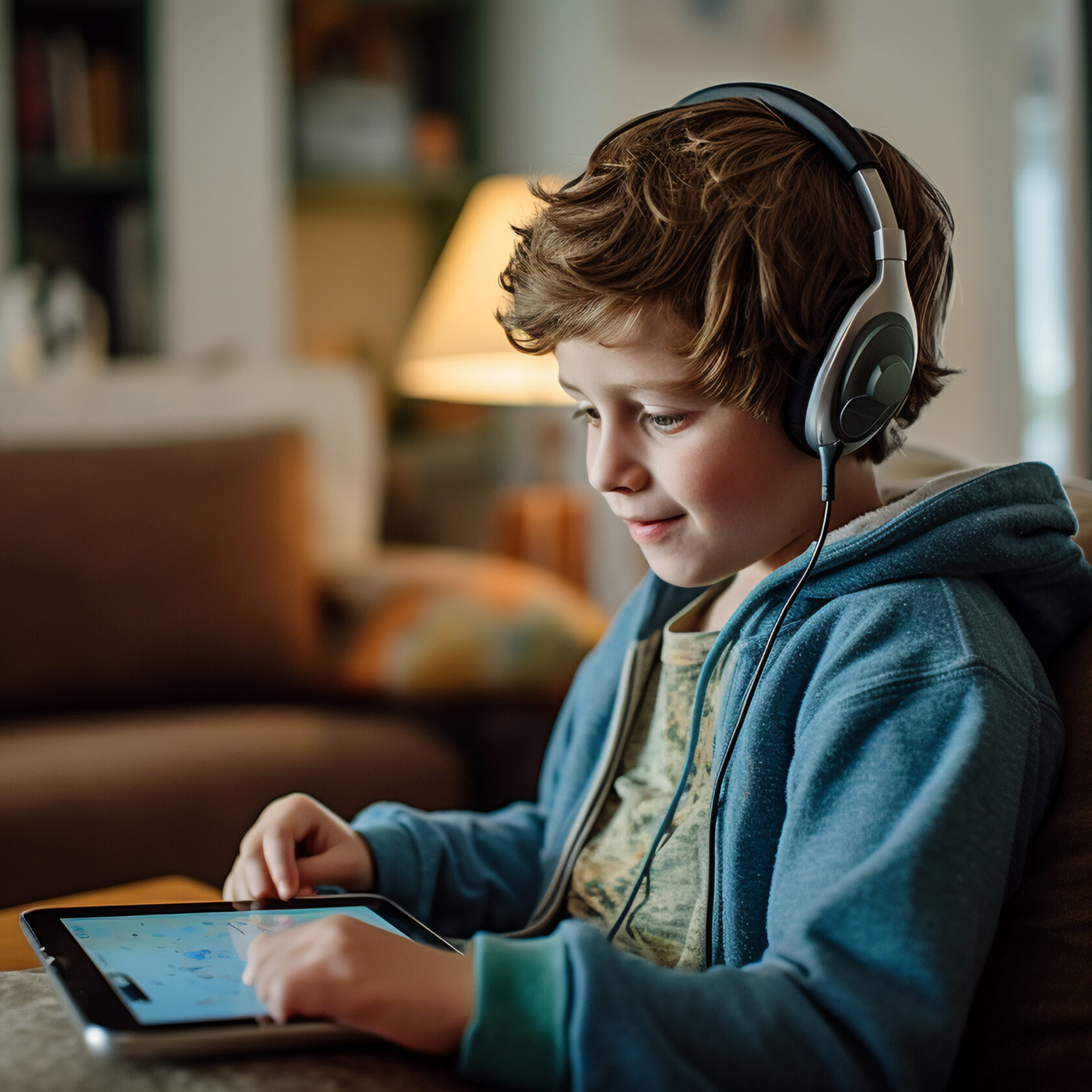 autistic boy with noice cancelling headphones using his AAC device to communicate in the living room