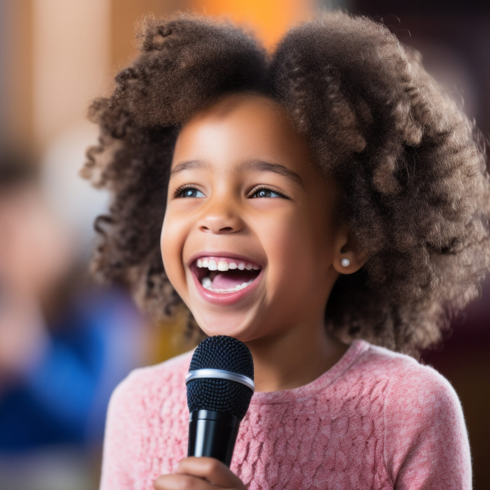 Young girl at talent show singing with a mike